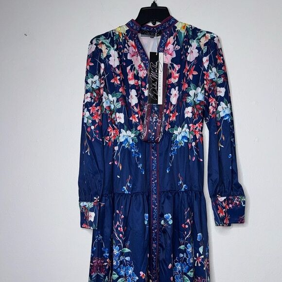 Dalia MacPhee Dress Large Black Pink Floral Button-Front Long Sleeve midi Size S - Picture 11 of 14